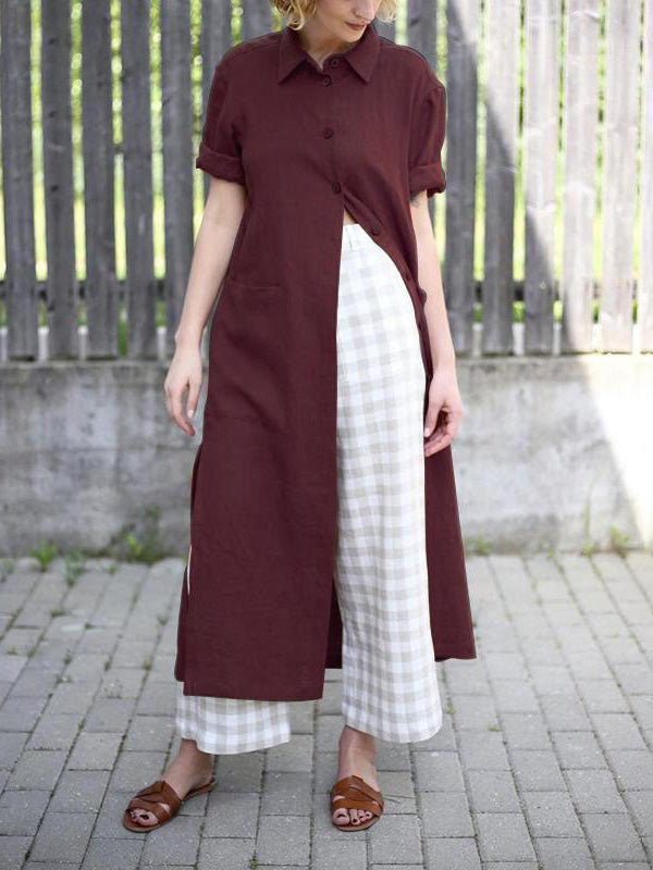 Collared Short Sleeve Roll Cuff Button Front Patch Pocket Longline Shirt Dress 4