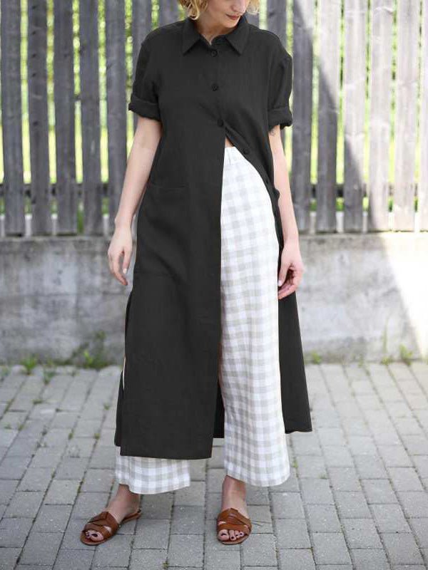 Collared Short Sleeve Roll Cuff Button Front Patch Pocket Longline Shirt Dress 2