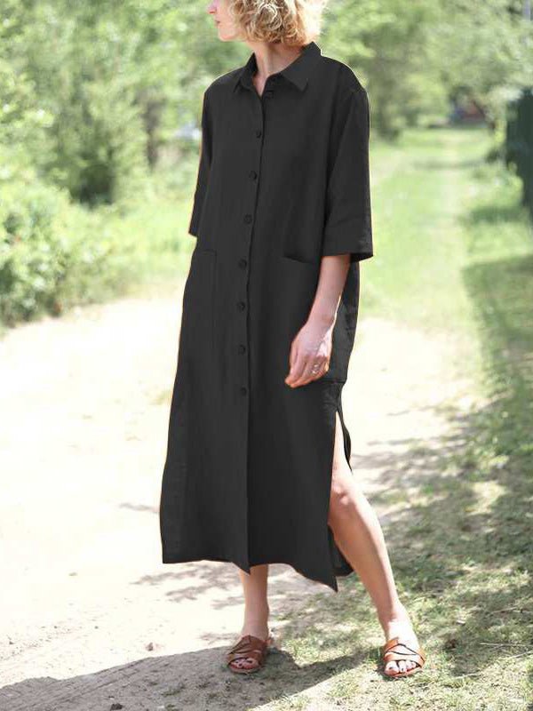 Collared Short Sleeve Roll Cuff Button Front Patch Pocket Longline Shirt Dress 7