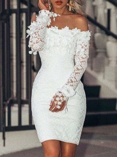 Asymmetric Off Shoulder Floral Lace Applique Trim Long Sleeve Bodycon Mini Dress