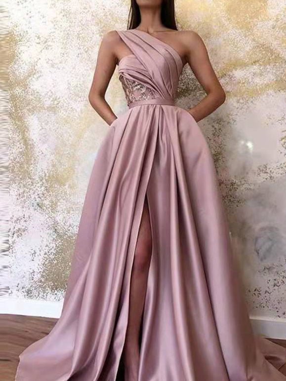 One Shoulder Sequin Lace Panel Pleated High Split Pocket Maxi Dress