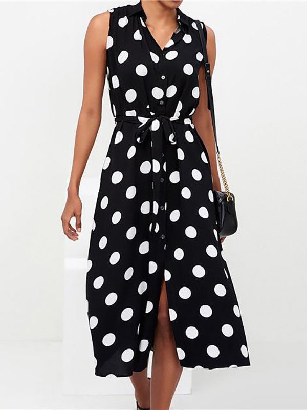Collared V-Neck Button Front Sleeveless Polka Dot Tie Waist Midi Shirt Dress 2