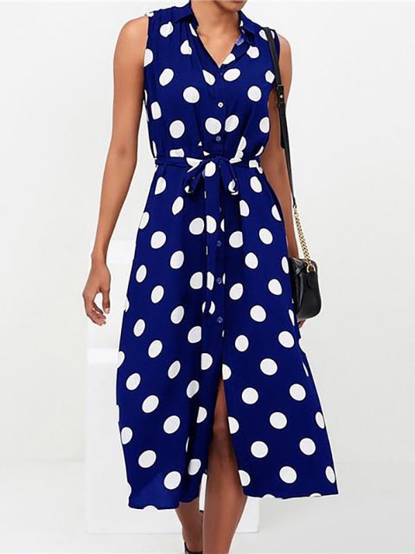 Collared V-Neck Button Front Sleeveless Polka Dot Tie Waist Midi Shirt Dress 4