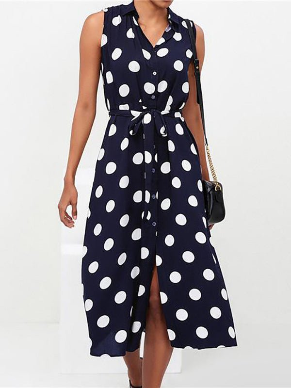 Collared V-Neck Button Front Sleeveless Polka Dot Tie Waist Midi Shirt Dress 3