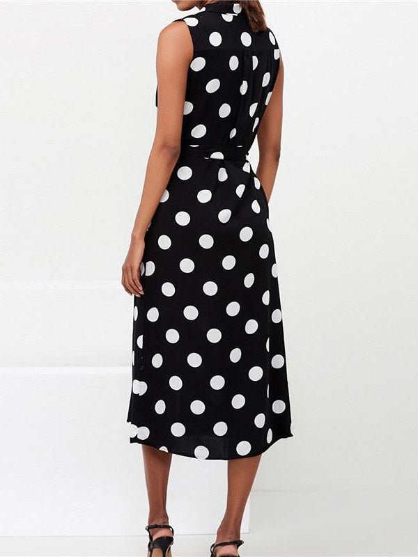 Collared V-Neck Button Front Sleeveless Polka Dot Tie Waist Midi Shirt Dress 5
