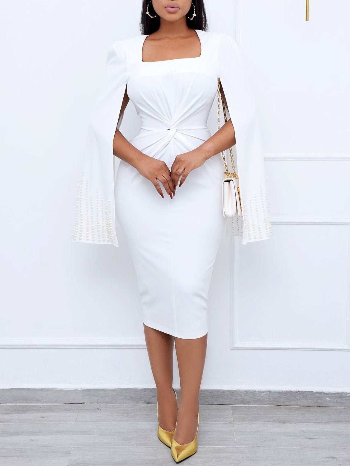 Square Neck Beaded Cape Sleeve Twisted Knot Waist Bodycon Midi Dress 3