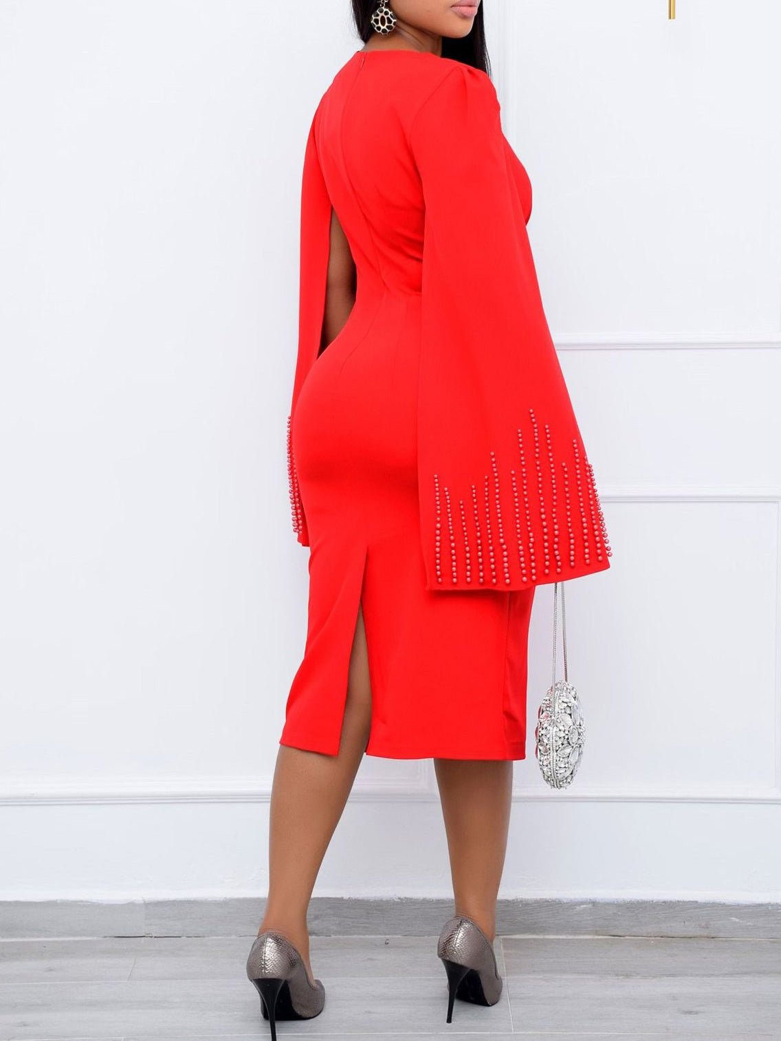 Square Neck Beaded Cape Sleeve Twisted Knot Waist Bodycon Midi Dress 4
