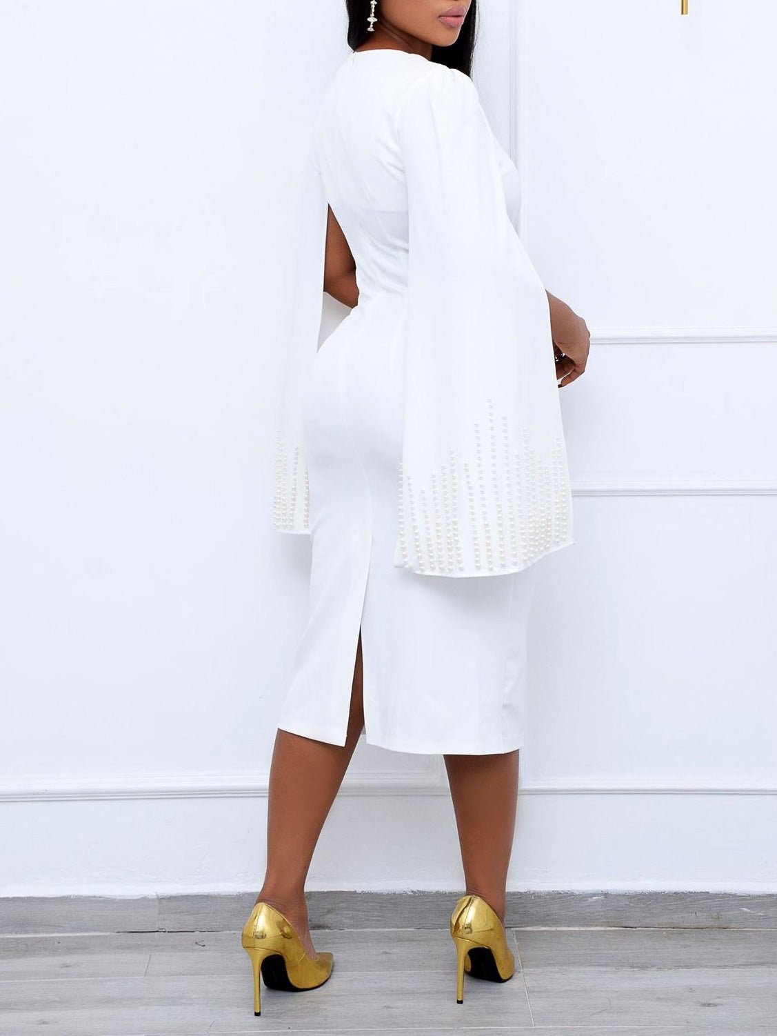 Square Neck Beaded Cape Sleeve Twisted Knot Waist Bodycon Midi Dress 6