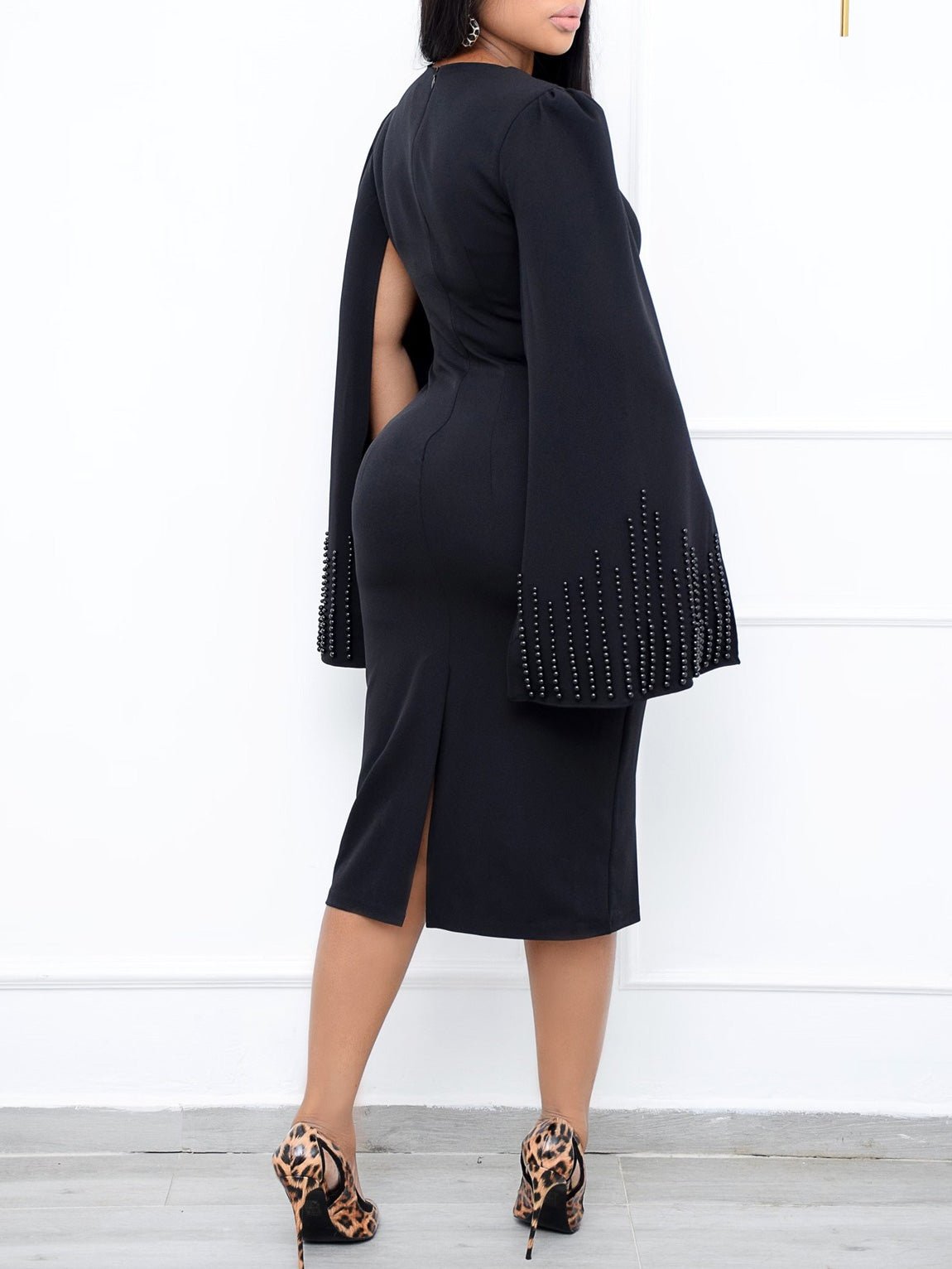 Square Neck Beaded Cape Sleeve Twisted Knot Waist Bodycon Midi Dress 5