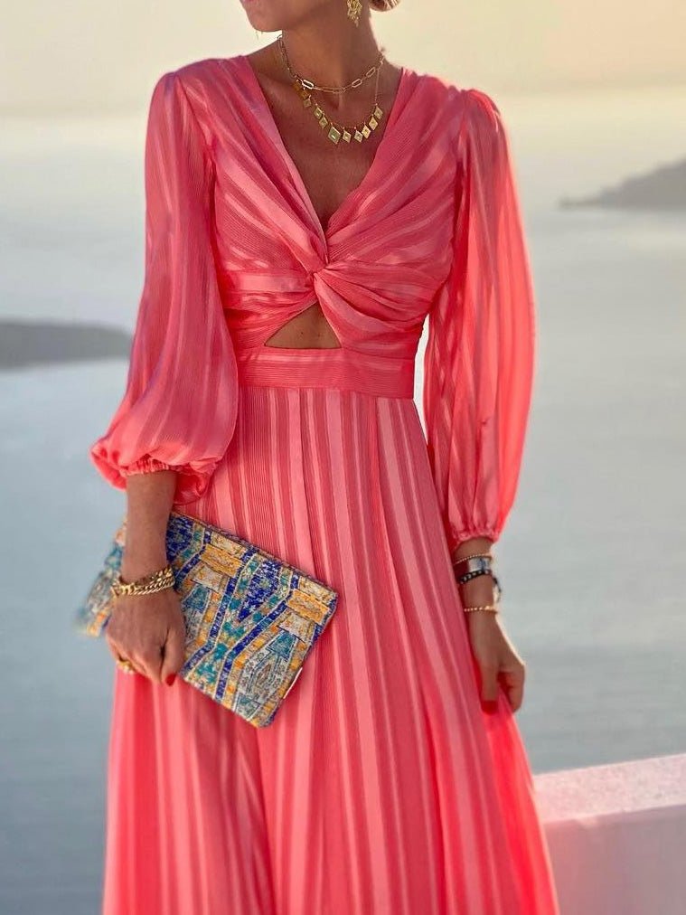 Dresses Striped Print Hollow Puff Sleeve Dress 2