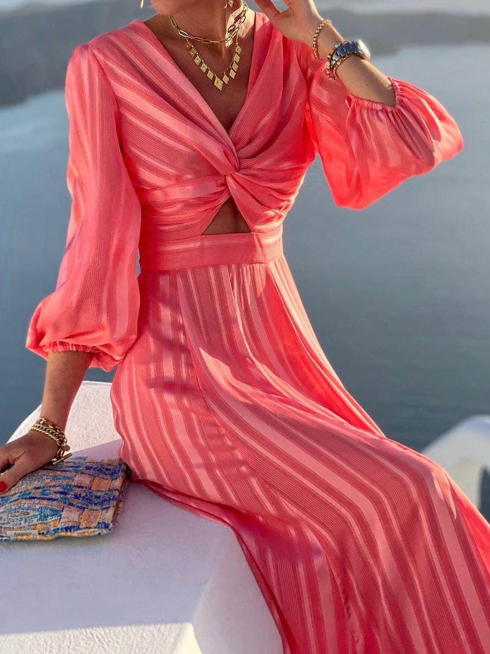 Dresses Striped Print Hollow Puff Sleeve Dress 3