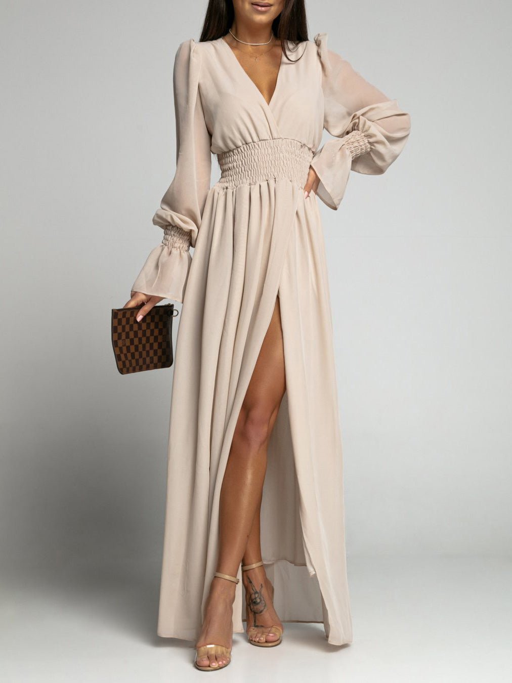 Dresses Neck Elastic Waist Long Sleeve Slit Dress