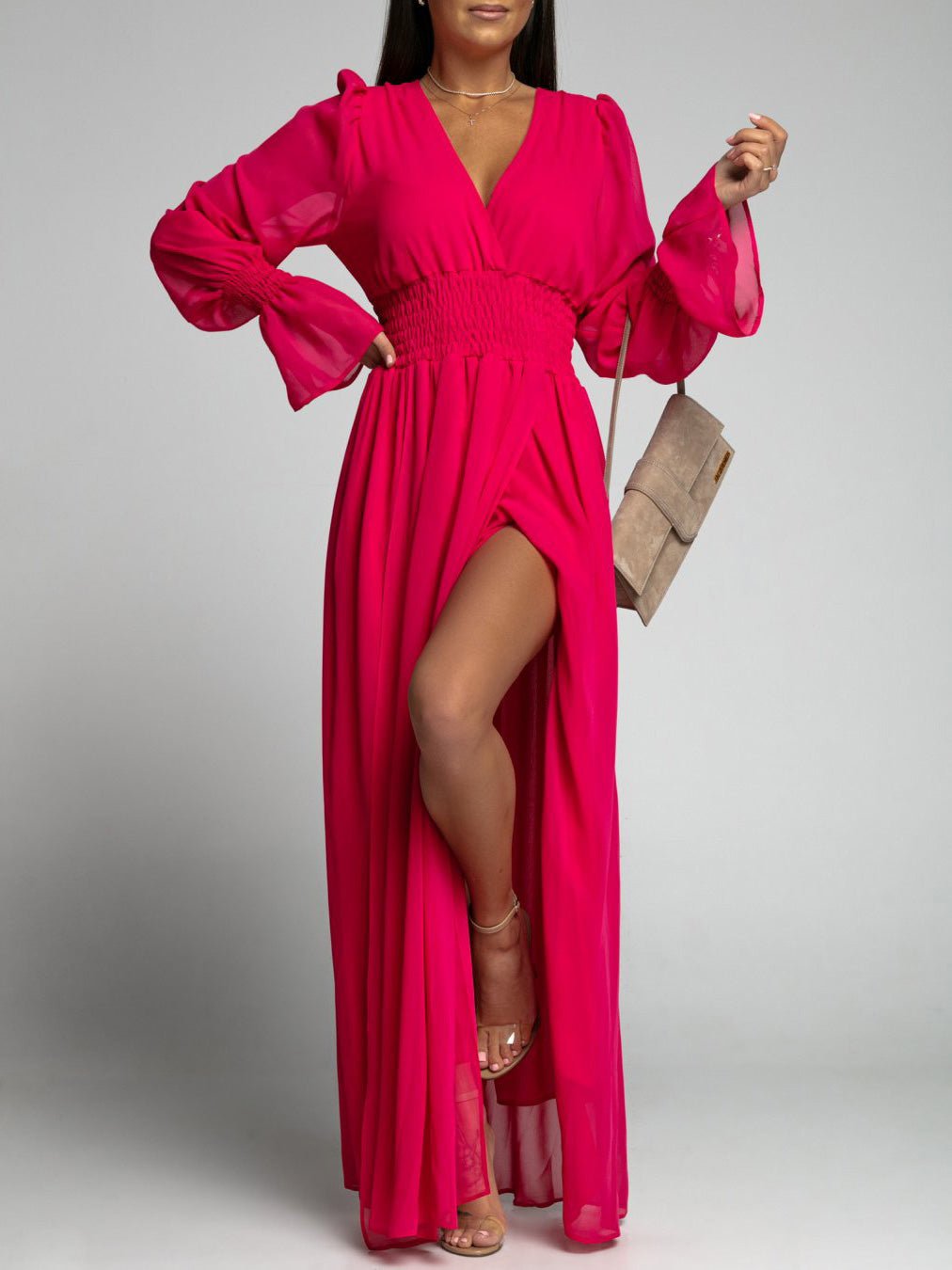 Dresses Neck Elastic Waist Long Sleeve Slit Dress 3