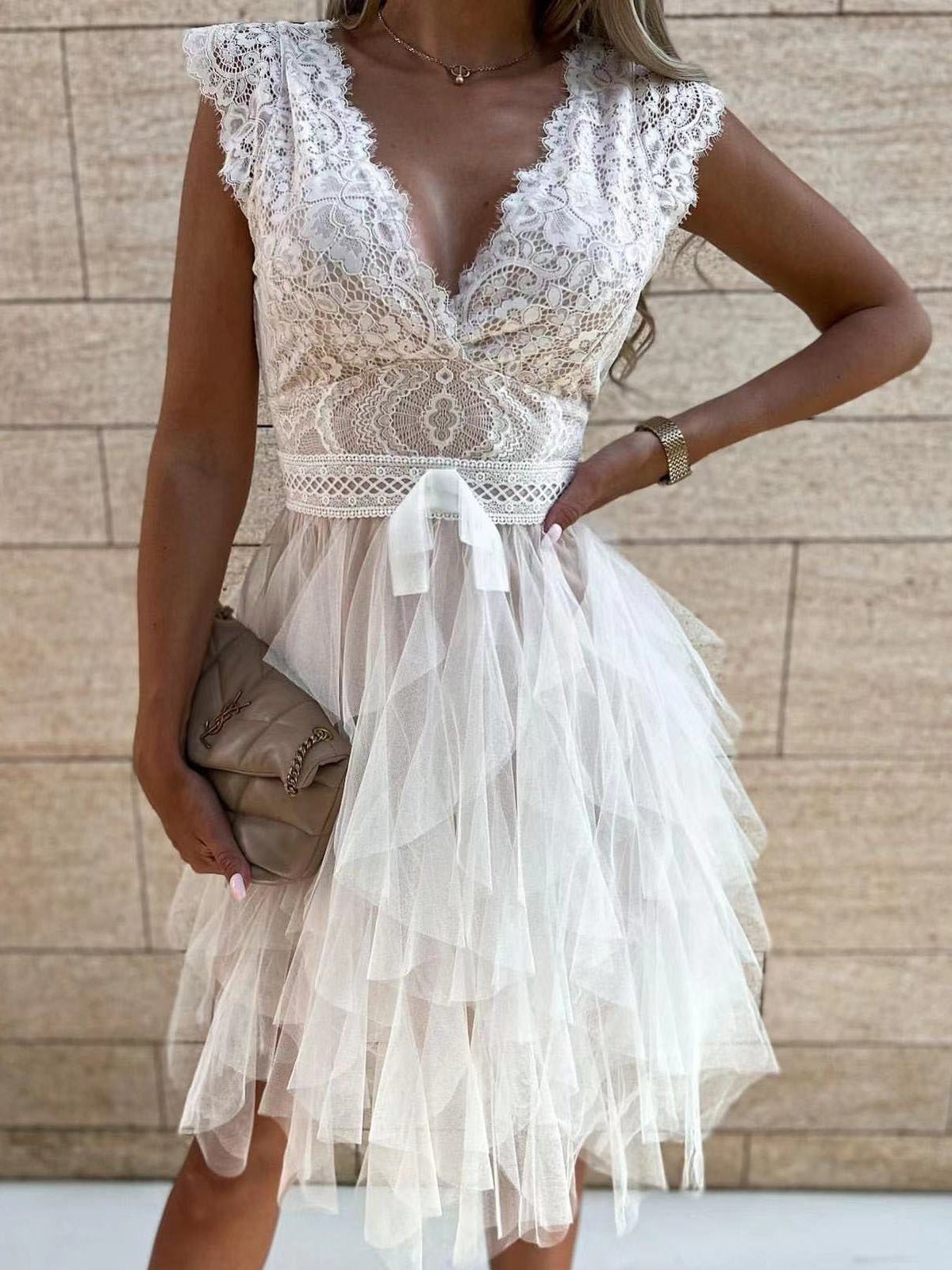 V-Neck Lace Bodice Tiered Tulle Handkerchief Hem Mini Dress