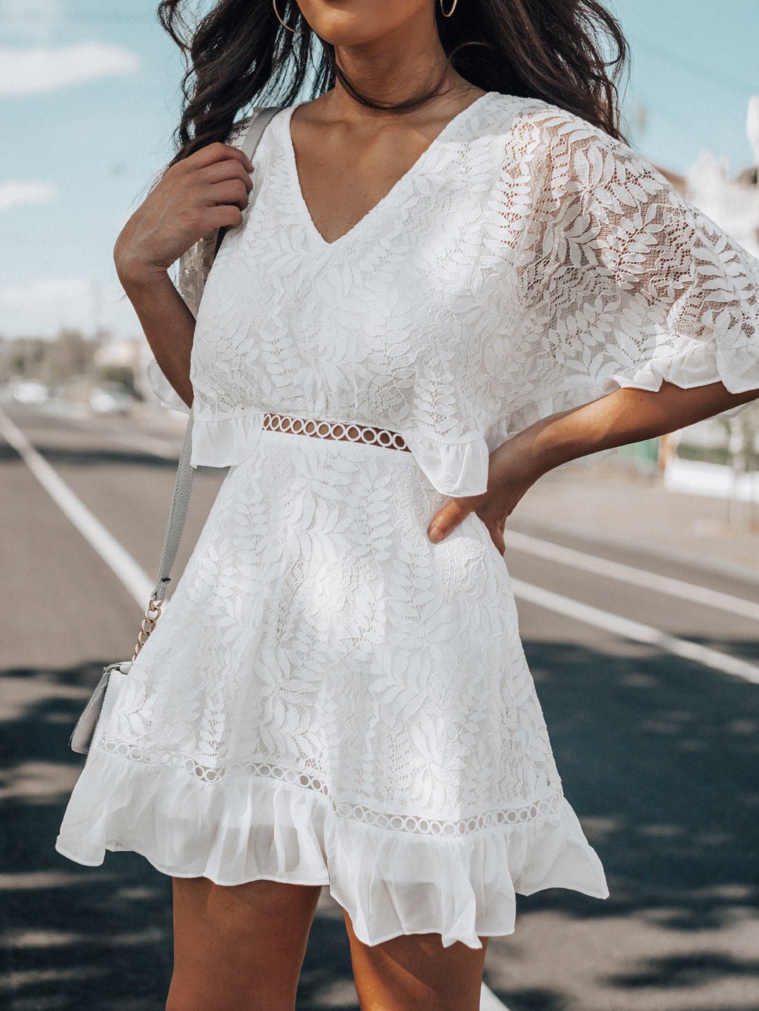 Floral Lace Deep V-Neck Flutter Sleeve Ruffle Trim Mini Dress