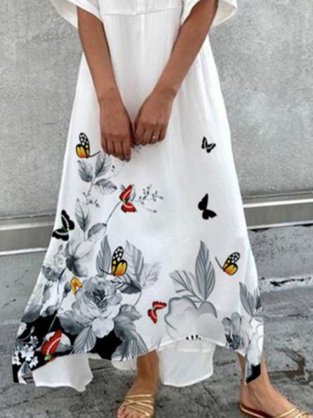 V-Neck Flutter Sleeve Empire Waist Floral Butterfly Print Maxi Dress 3