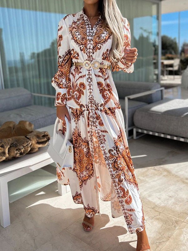 Collared Button Front Puff Sleeve Paisley Print Tiered Slit Maxi Dress 8