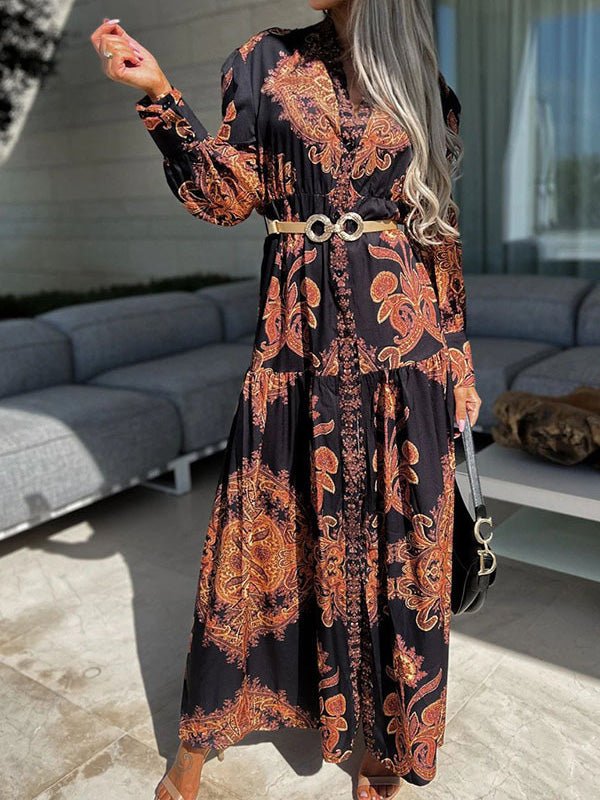 Collared Button Front Puff Sleeve Paisley Print Tiered Slit Maxi Dress 6