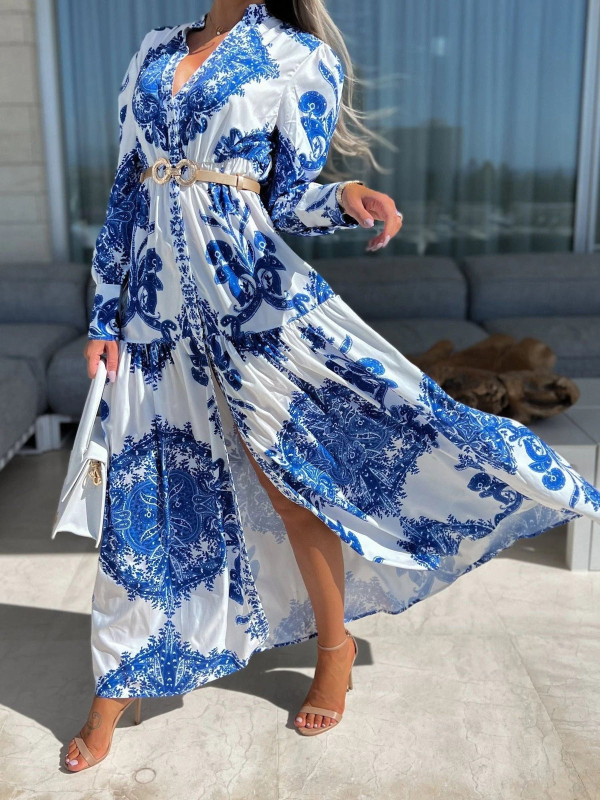 Collared Button Front Puff Sleeve Paisley Print Tiered Slit Maxi Dress 5