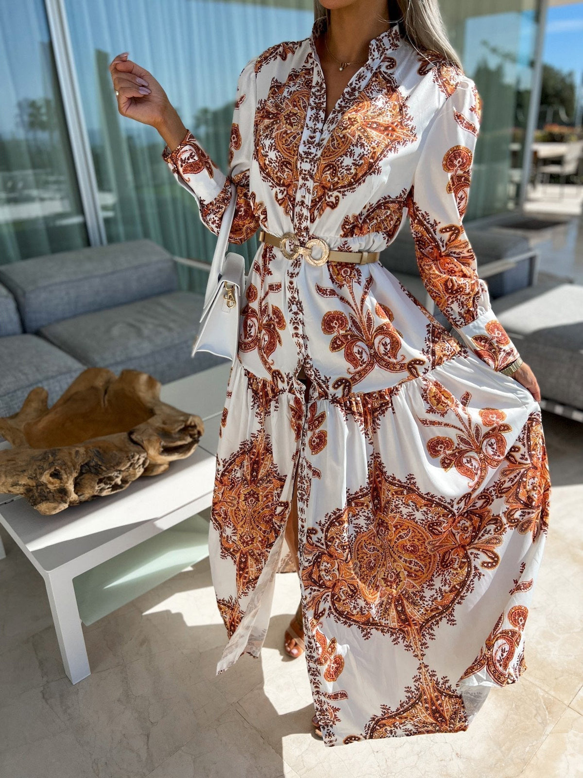 Collared Button Front Puff Sleeve Paisley Print Tiered Slit Maxi Dress 2
