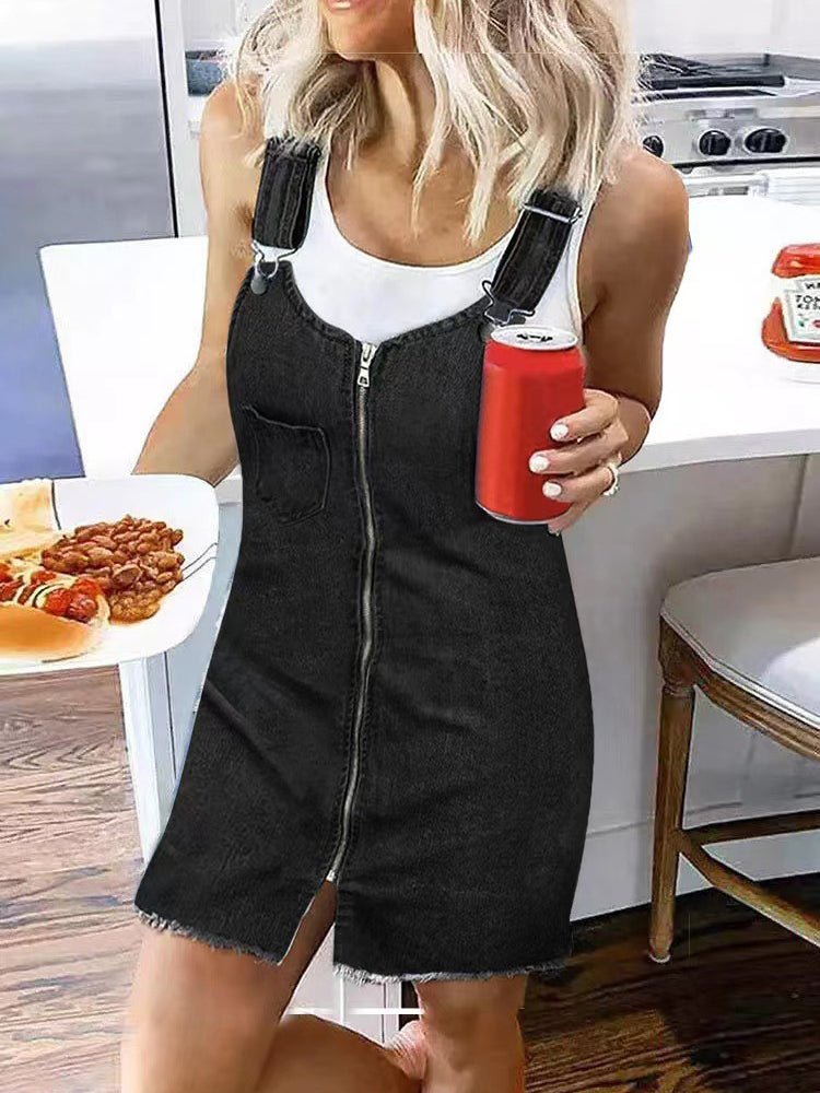 Zip Front Distressed Rip Adjustable Strap Overall Denim Mini Dress 2