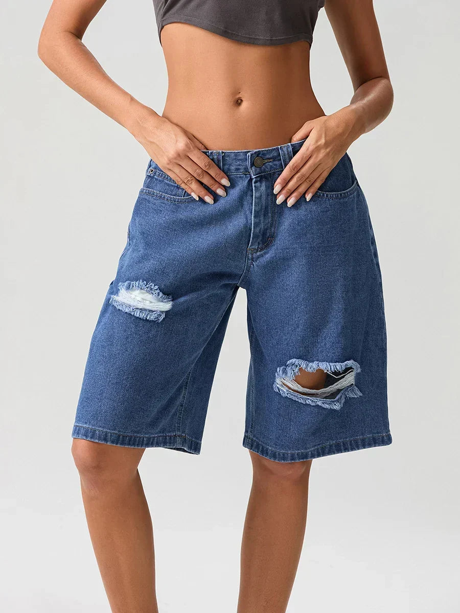 Deep Blue Denim Ripped Low-Rise Knee-Length Bermuda Shorts