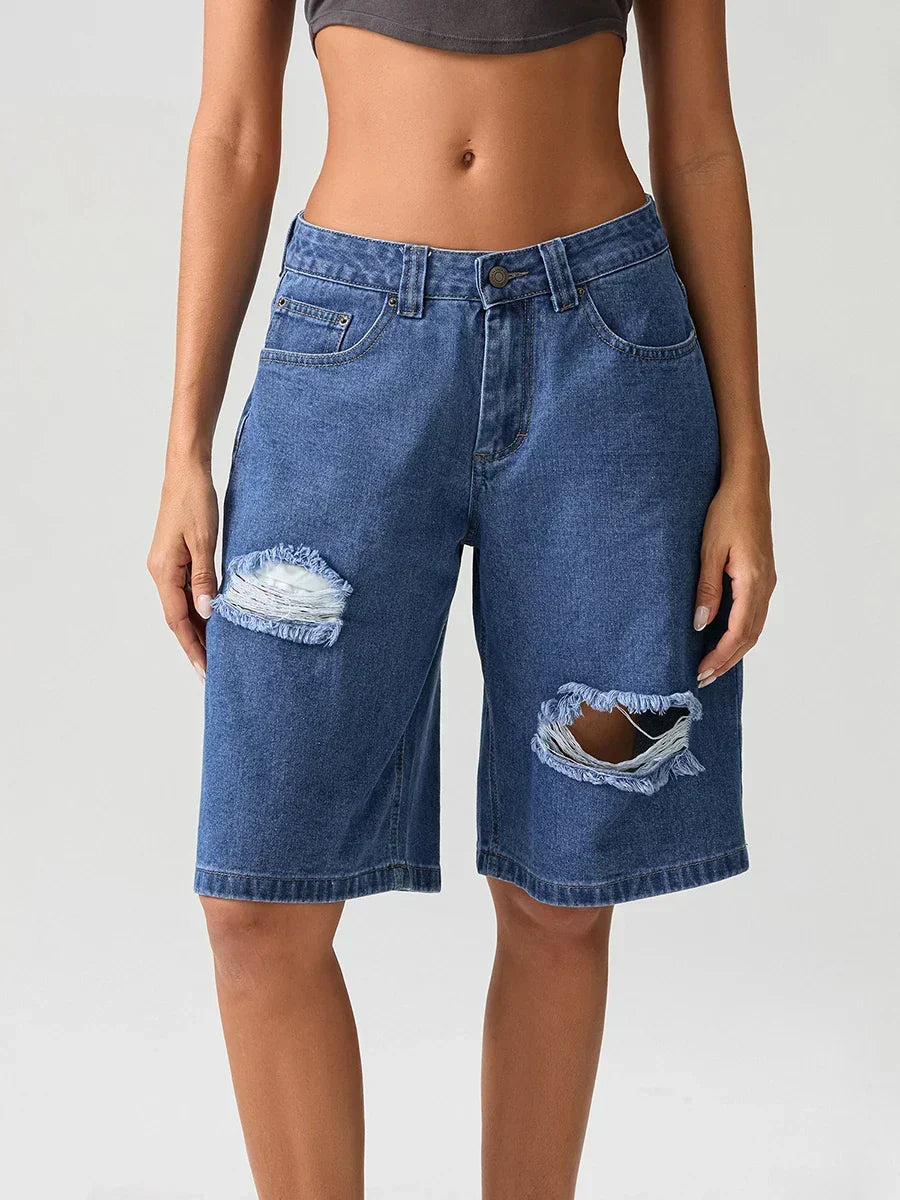 Deep Blue Denim Ripped Low-Rise Knee-Length Bermuda Shorts