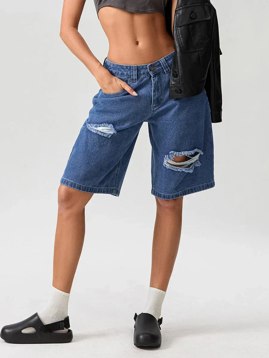 Deep Blue Denim Ripped Low-Rise Knee-Length Bermuda Shorts