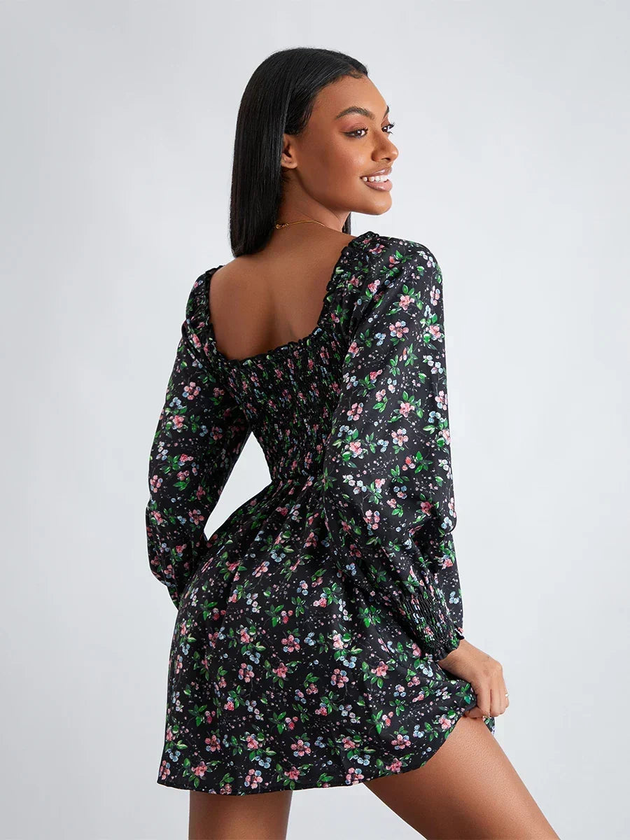 Black Floral Square-Neck Long Sleeve Smocked Mini Dress