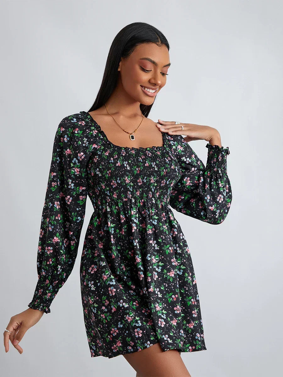 Black Floral Square-Neck Long Sleeve Smocked Mini Dress