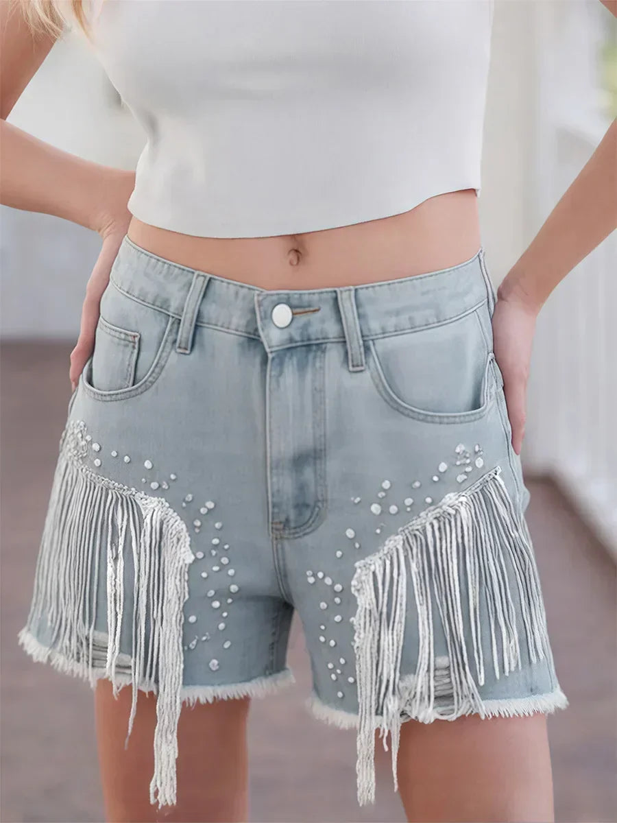 Sequins Tassel Ripped Denim Short SKY BLUE / S short-250223