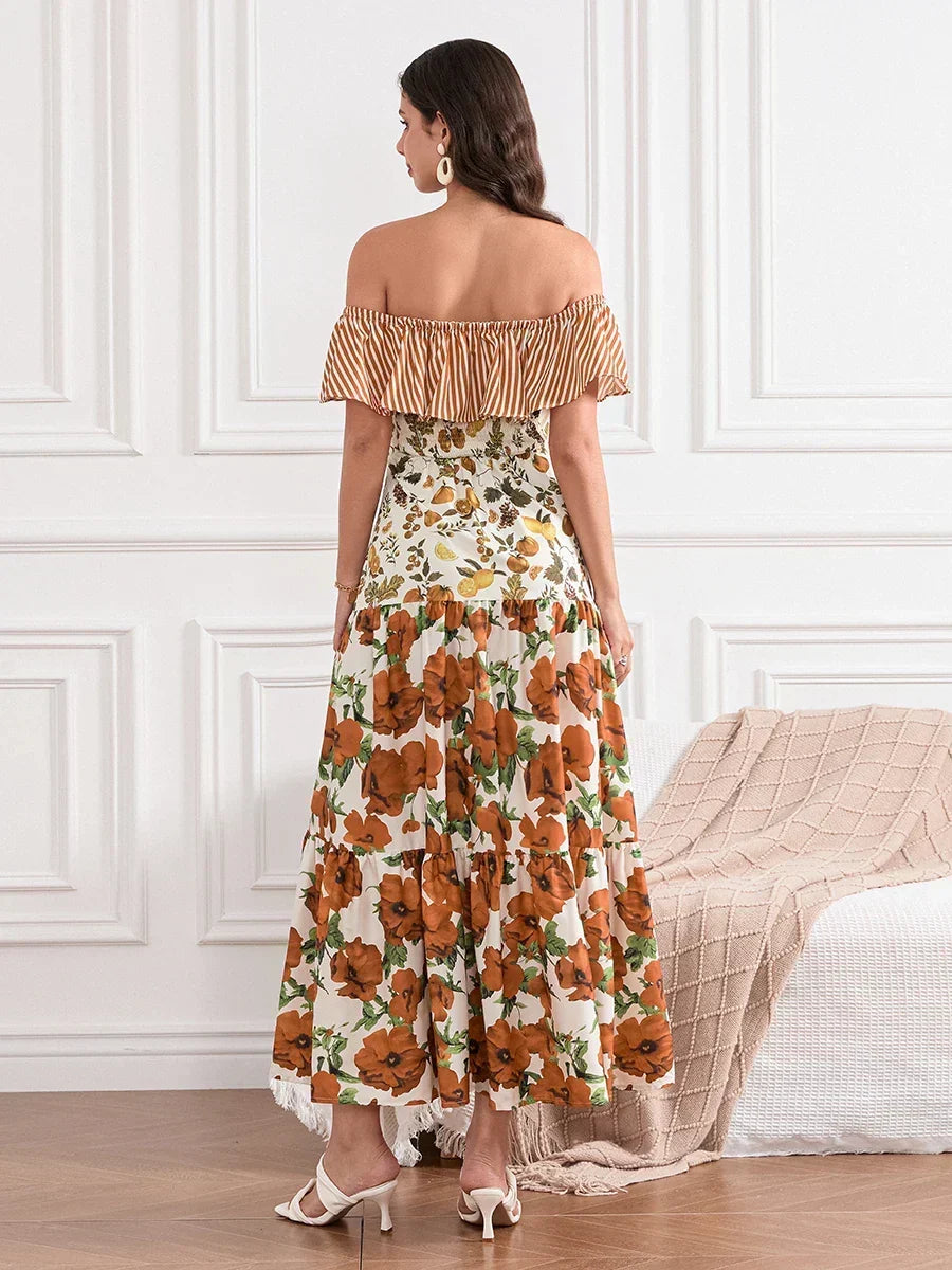 Stripe Floral Off-Shoulder Ruffled Tiered Maxi Dress