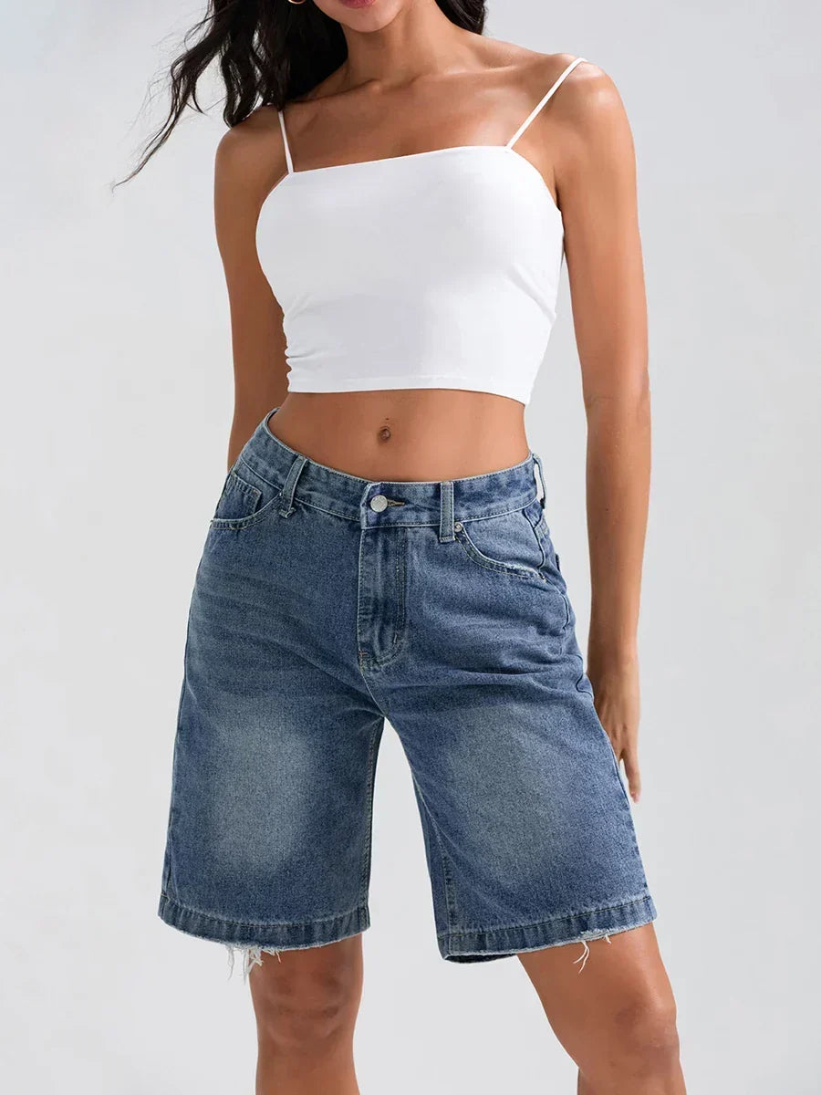 Light Blue Frayed Hem Denim Shorts