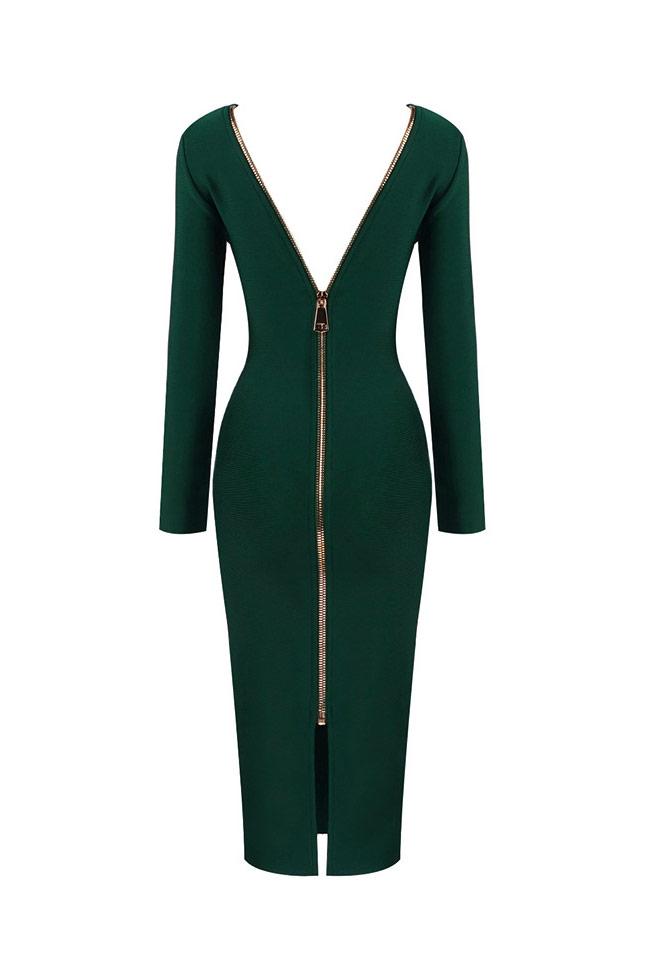 Zip Back Deep V-Neck Long Sleeve Bandage Midi Cocktail Dress 4