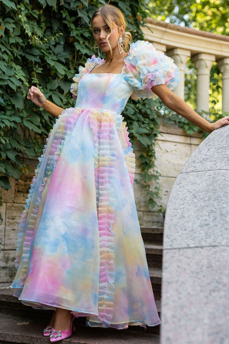 Fairy Square Neck Tiered Ruffle Rainbow Floral Organza Gown Maxi Dress - Blue