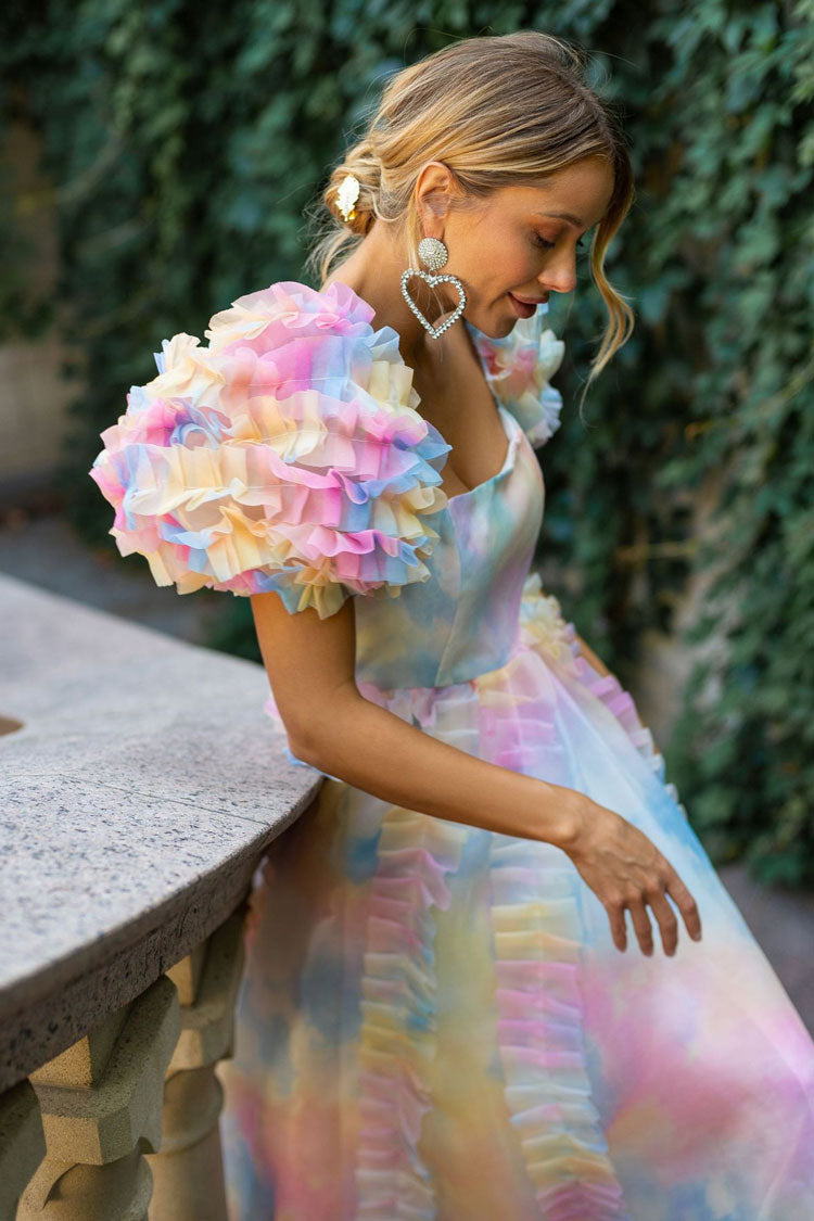 Fairy Square Neck Tiered Ruffle Rainbow Floral Organza Gown Maxi Dress - Blue