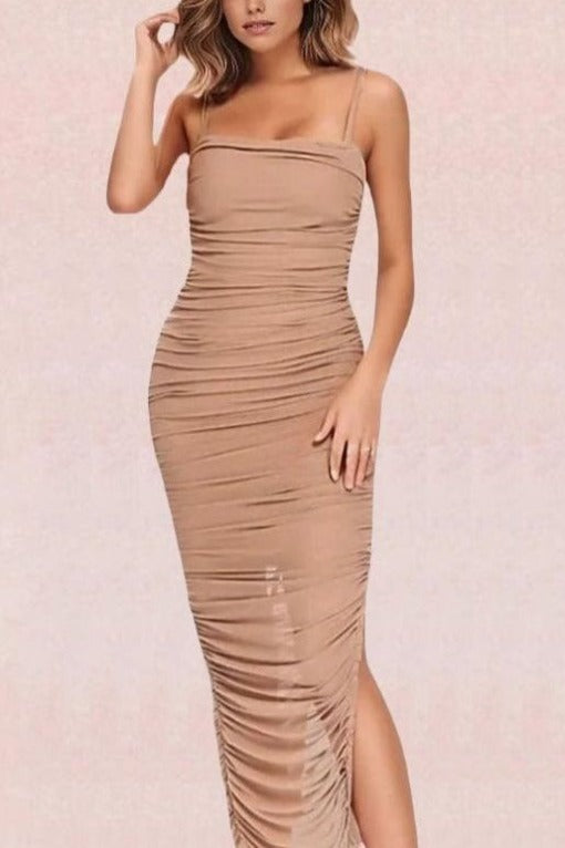 Zoe Bodycon Wrap Maxi Dress - Tan Brown