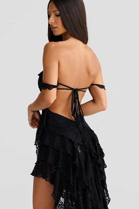 Lace Ruffled Tier High-Low Hem Tie Front Maxi Dress 7