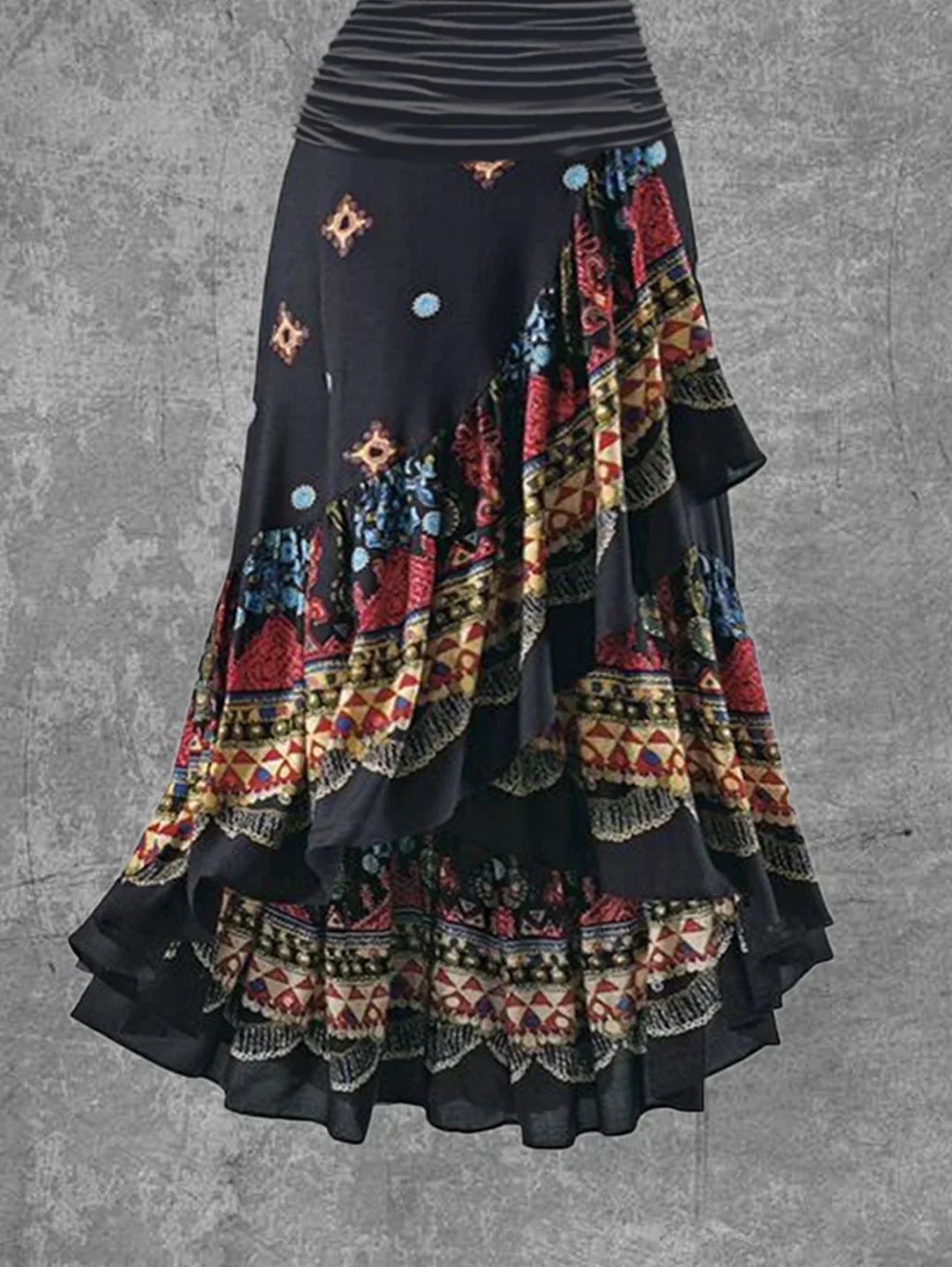 Round Neck Pleated Waist Geometric Print Tiered High Low Maxi Dress 3