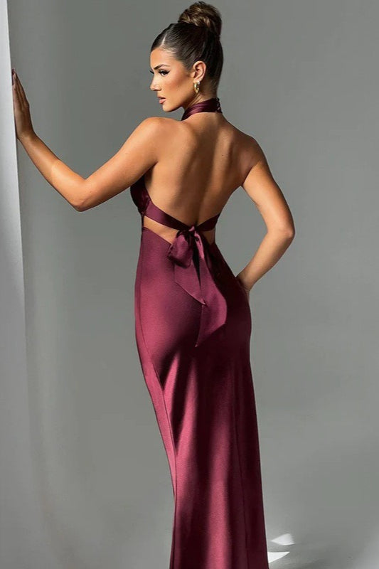 Satin Crossover Halter Gathered Bust Column Maxi Gown 4