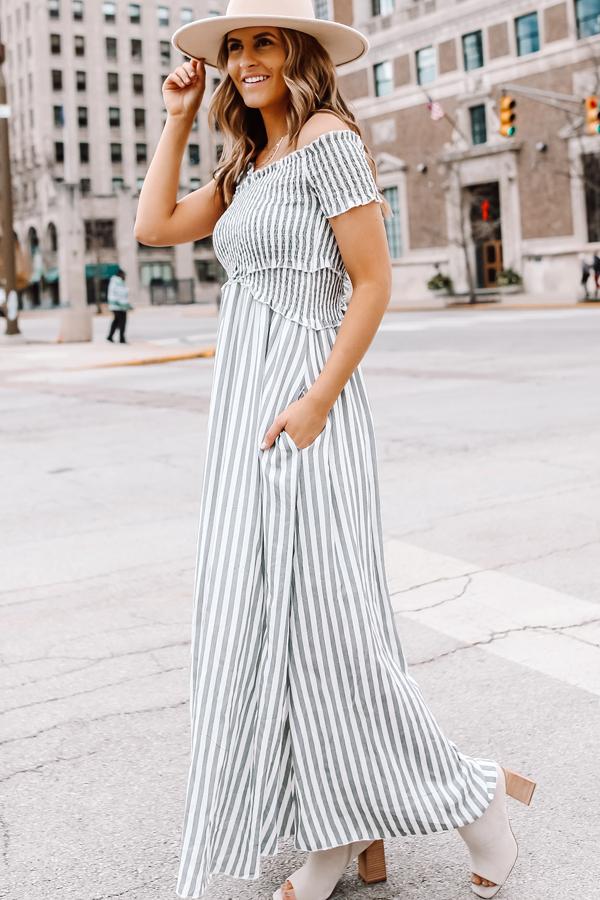 Stripe Print Fashion Smocked Chest Maxi Dress