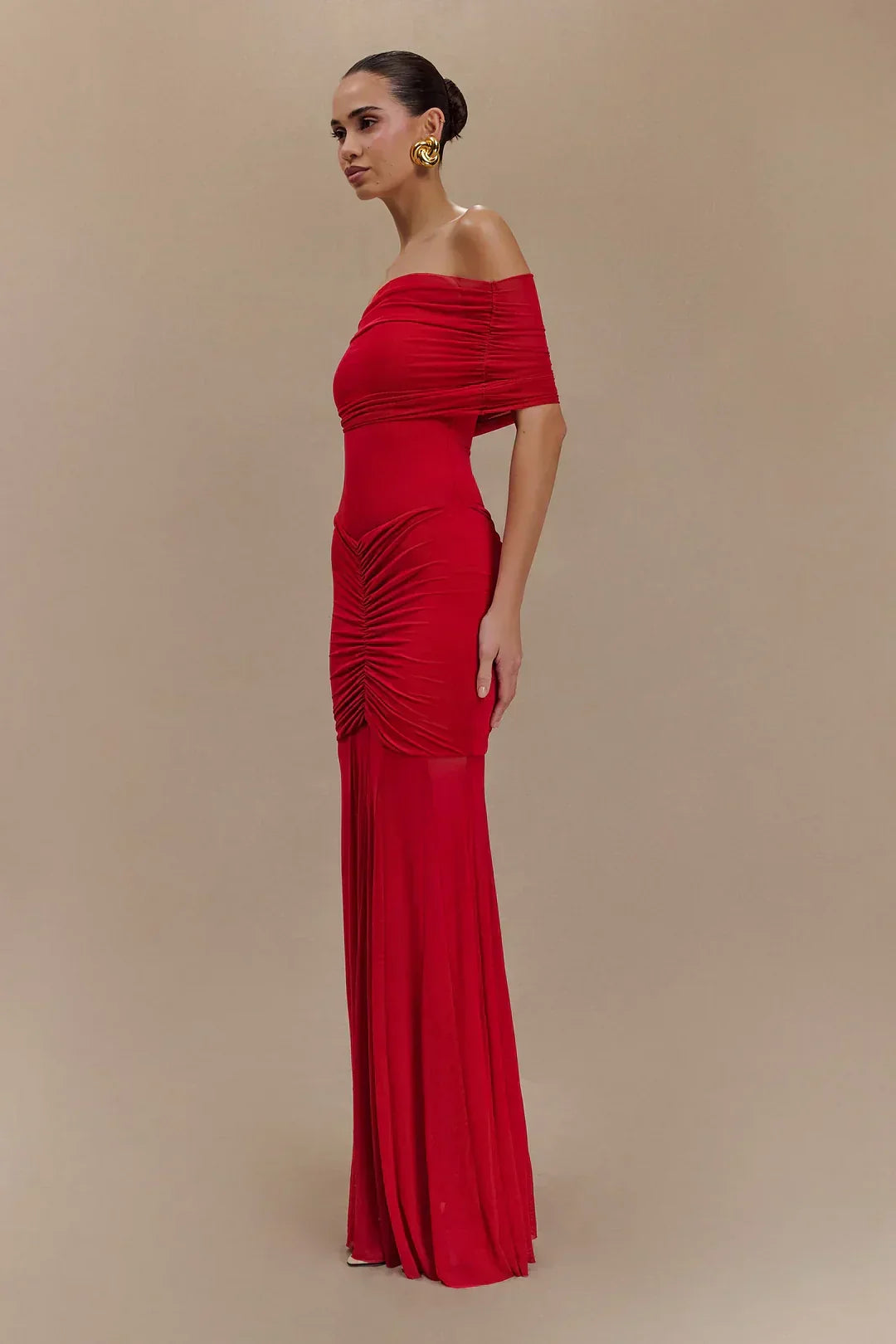 Off Shoulder Pleated Column Maxi Gown 4