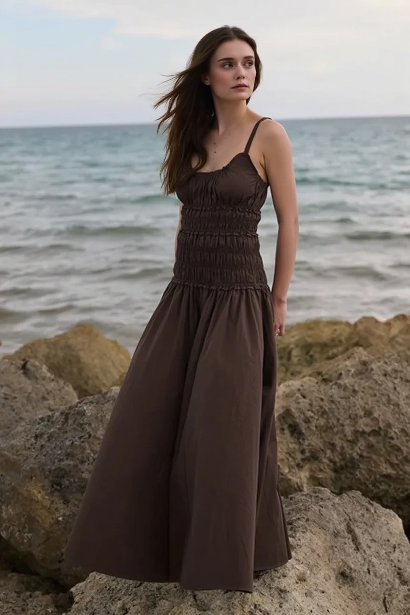 Scoop Neck Ruffle Trim Smocked Bodice Gathered Skirt Maxi Dress 7