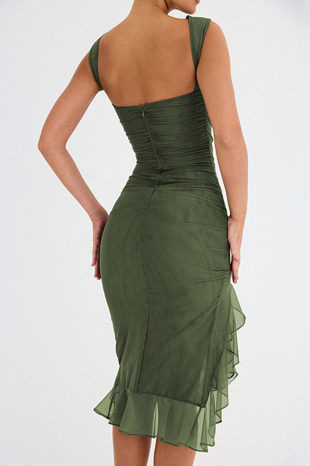 Crew Neck Ruched Mesh Bodycon Asymmetric Ruffle Hem Side Slit Midi Dress 24