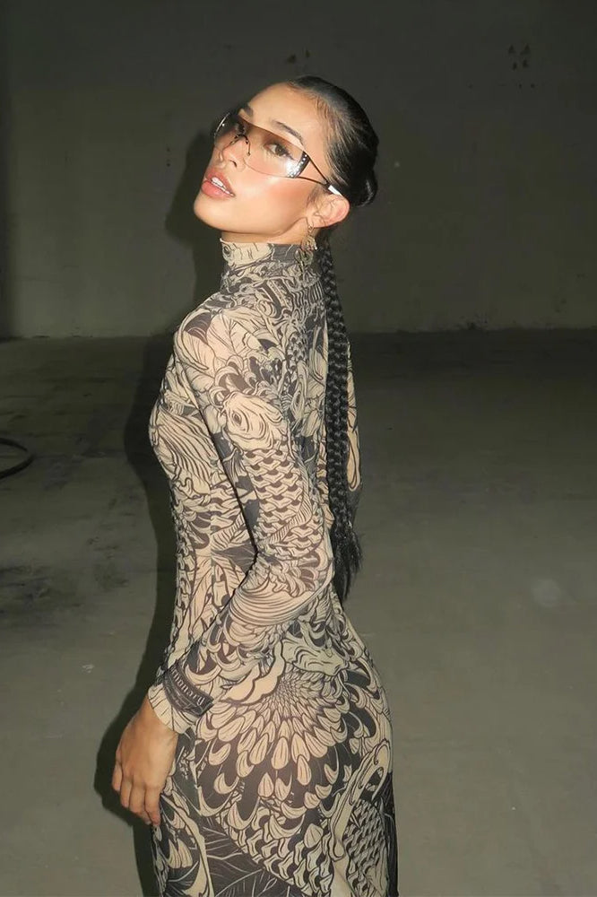 Mock Neck Long Sleeve Koi Fish Tattoo Print Mesh Bodycon Maxi Dress 6
