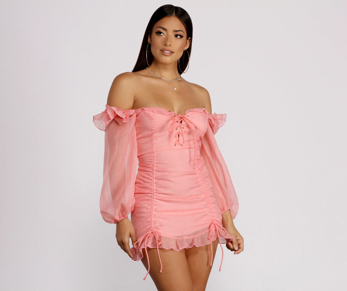 Sweetheart Lace Up Corset Bodice Organza Bishop Sleeve Ruched Mini Dress 4