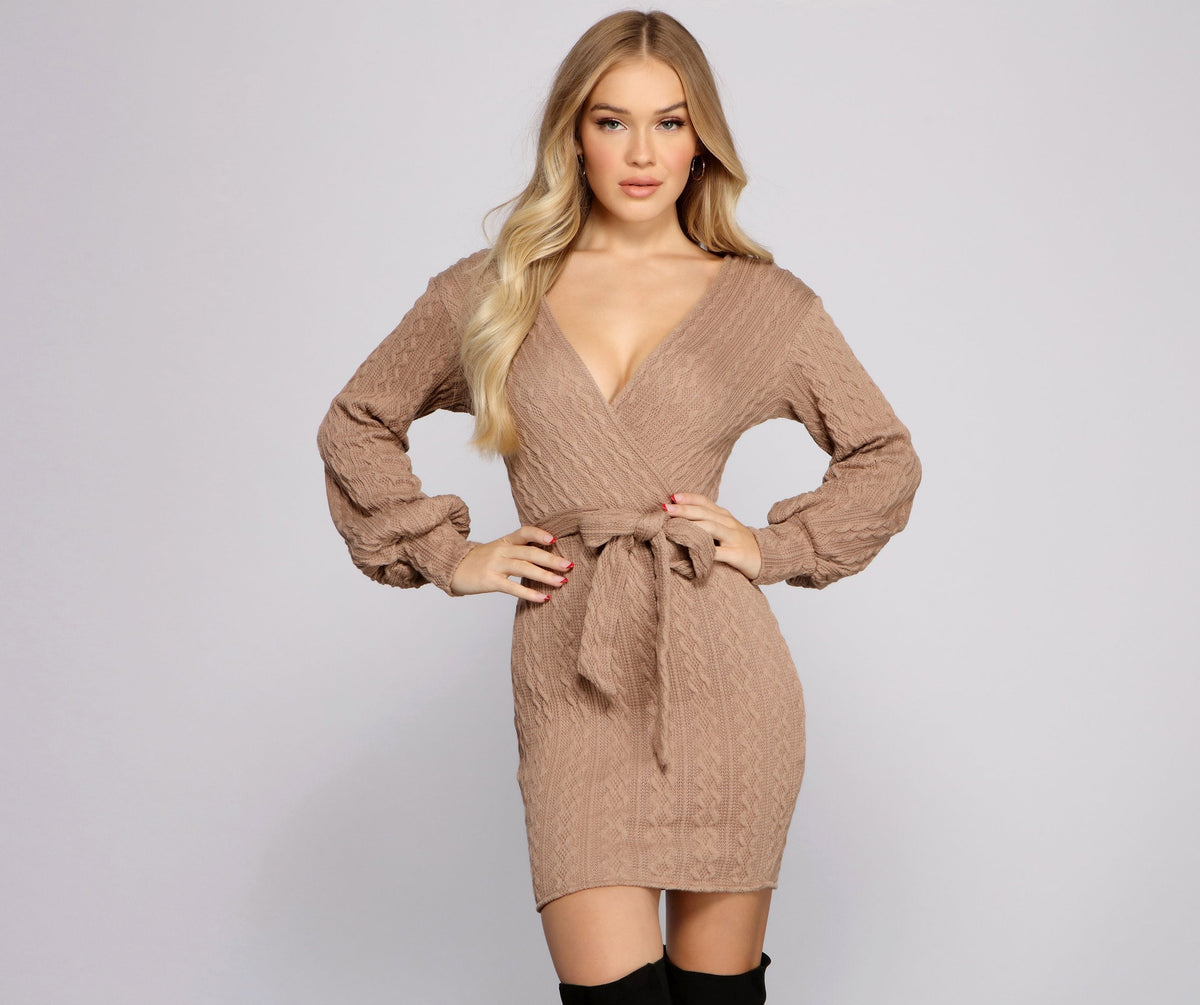 Cable Knit Wrap Deep V-Neck Balloon Sleeve Tie-Waist Mini Sweater Dress 4