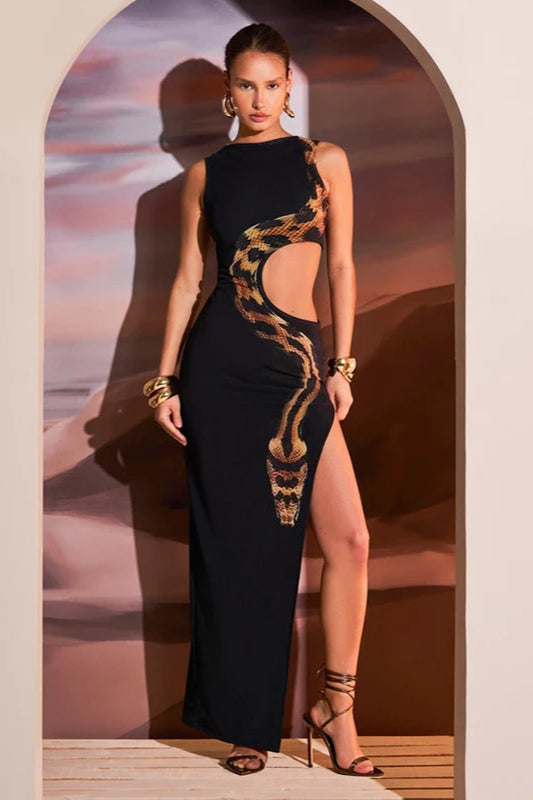Snake Print Waist Cutout High Slit Sleeveless Bodycon Maxi Dress