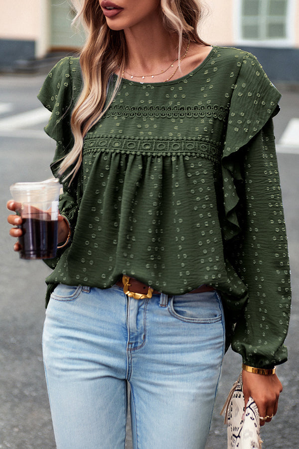 Ruffle Hem Round Neck Solid Color Casual Tops