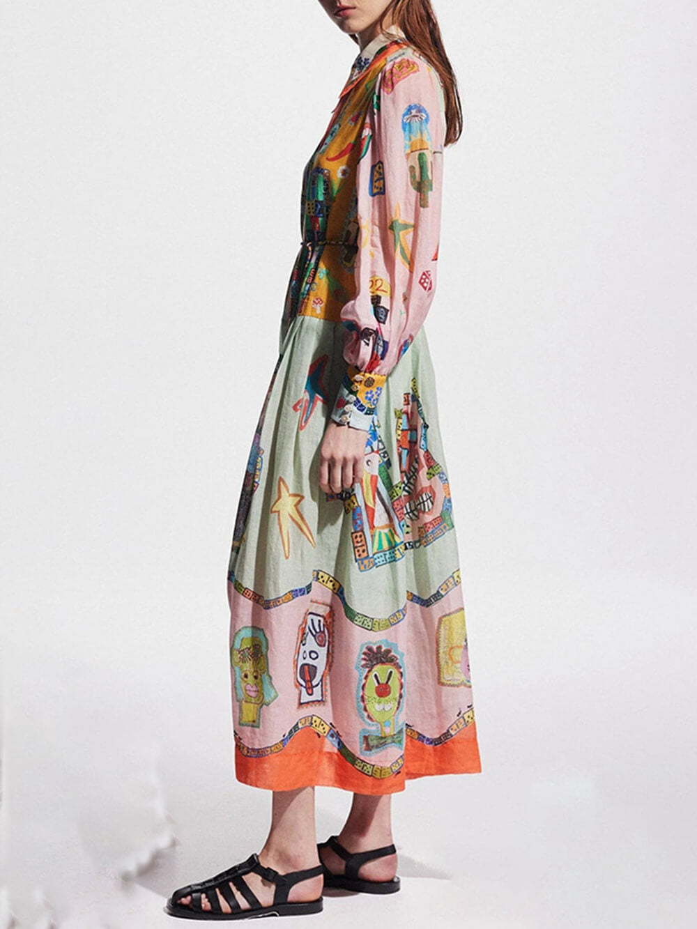 Graphic Print Colorblock Balloon Sleeve Belt Shirt Midi Dress 3